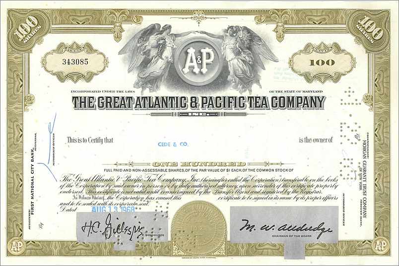 Certificat de 100 actions de la Great Atlantic & Pacific Tea Company — éditeur First National City Bank