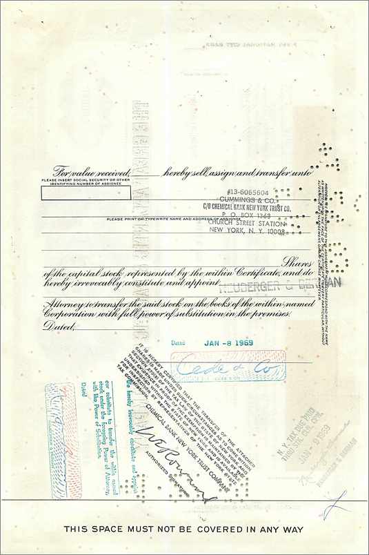 Certificat de 100 actions de la Great Atlantic & Pacific Tea Company — éditeur First National City Bank — Verso