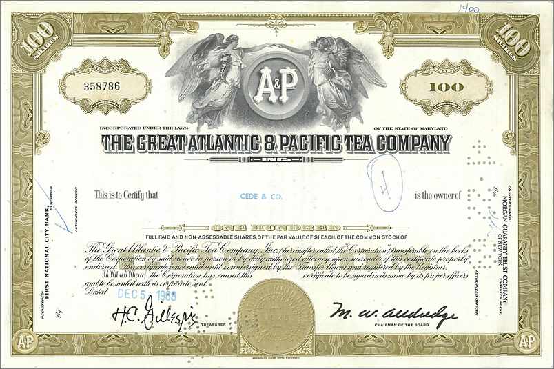 Action de la Great Atlantic & Pacific Tea Company — 100 actions — éditeur : First National City Bank