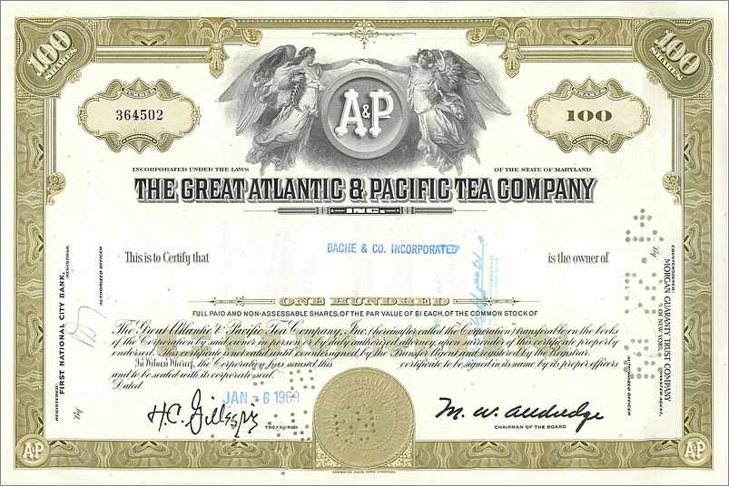 Azione della Great Atlantic & Pacific Tea Company — 100 azioni — editore First National City Bank