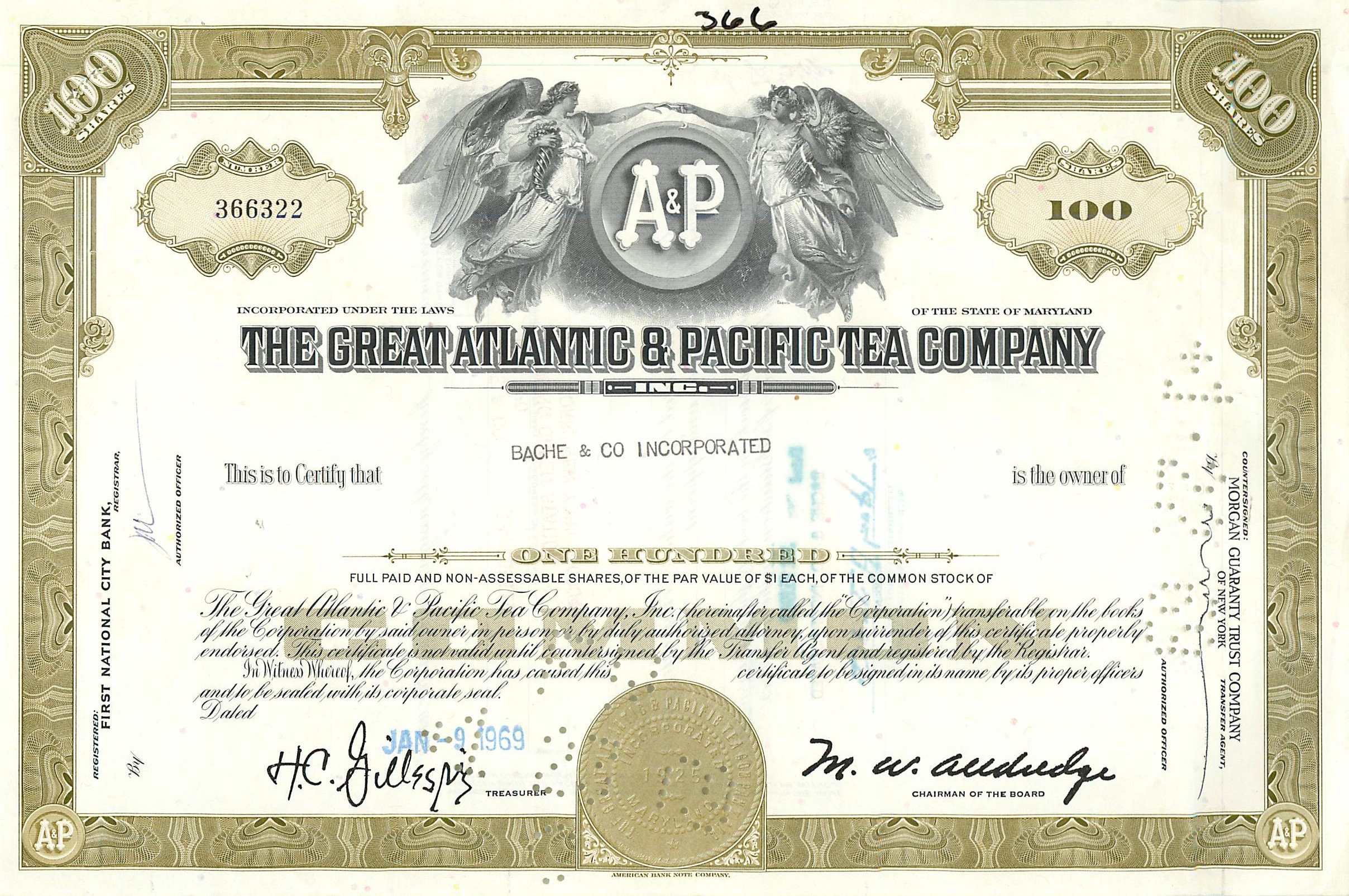 Azione della Great Atlantic & Pacific Tea Company — 100 azioni — editore Morgan Guaranty Trust Company