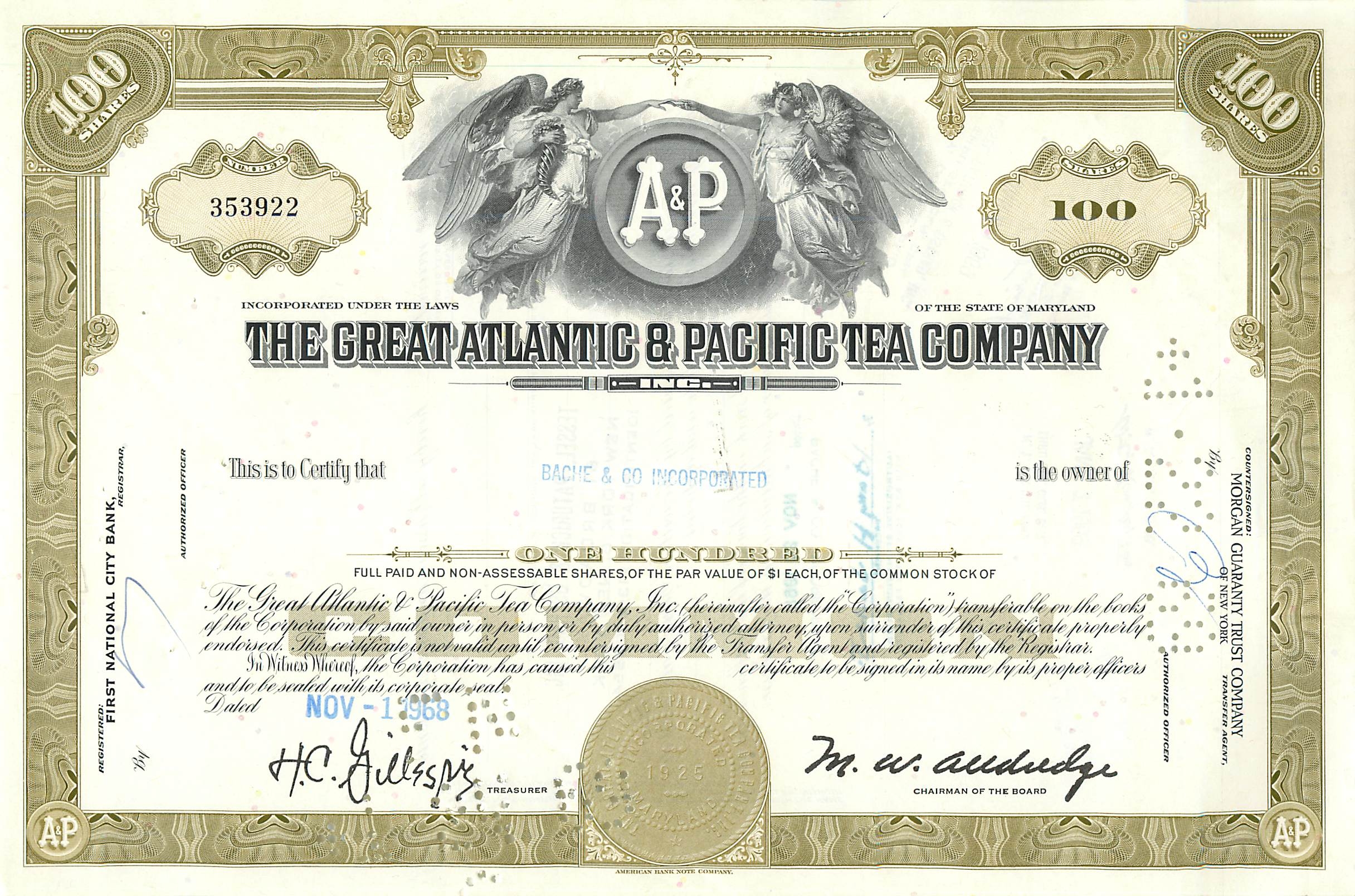 Certificat de 100 actions de la Great Atlantic & Pacific Tea Company — Bache & Co. Incorporated