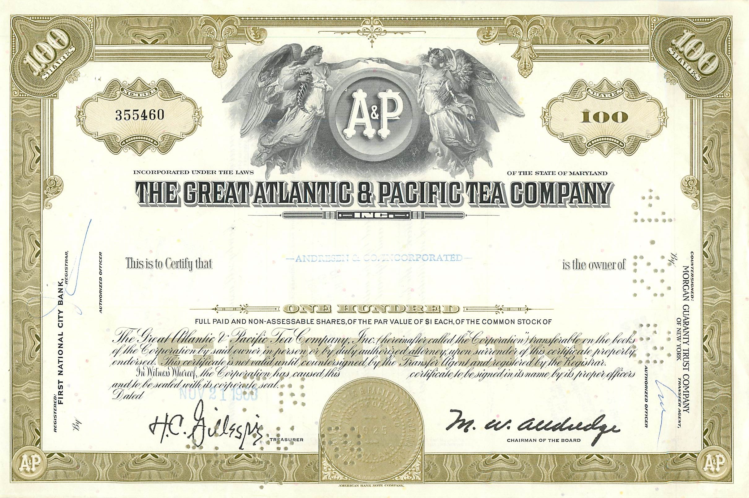 Aandeel van de Great Atlantic & Pacific Tea Company — 100 aandelen — uitgever First National City Bank