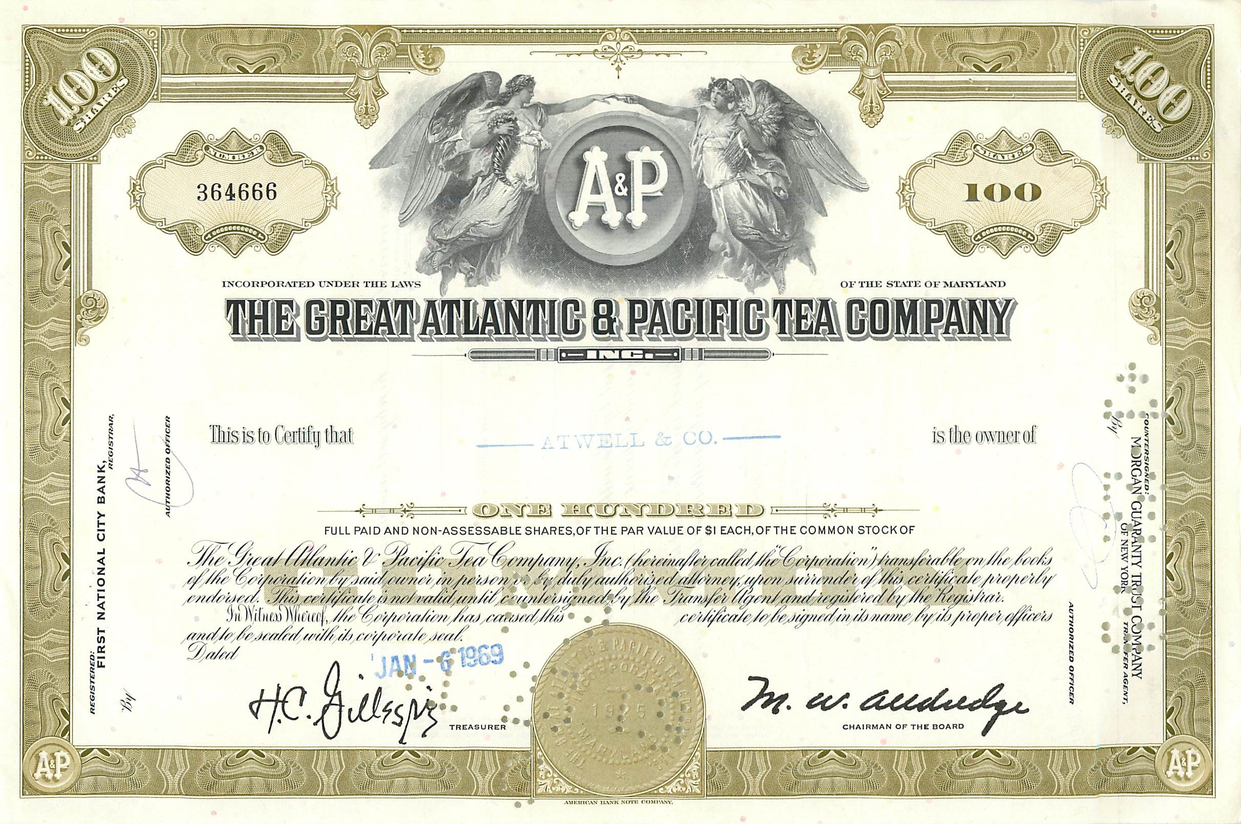 Aandeel van de Great Atlantic & Pacific Tea Company — 100 aandelen — uitgever American Bank Note Company