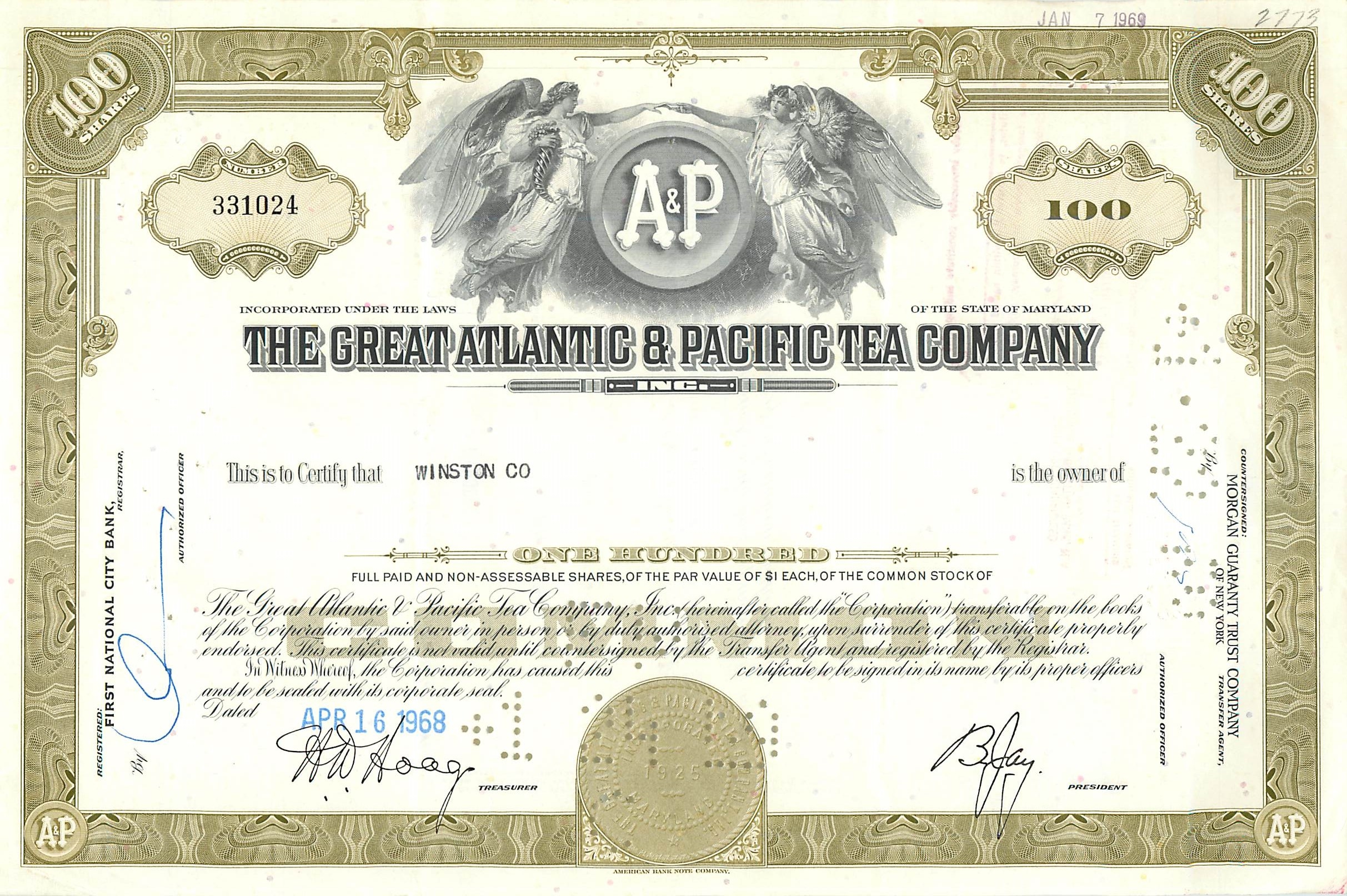 Action de la Great Atlantic & Pacific Tea Company — 100 actions — éditeur First National City Bank