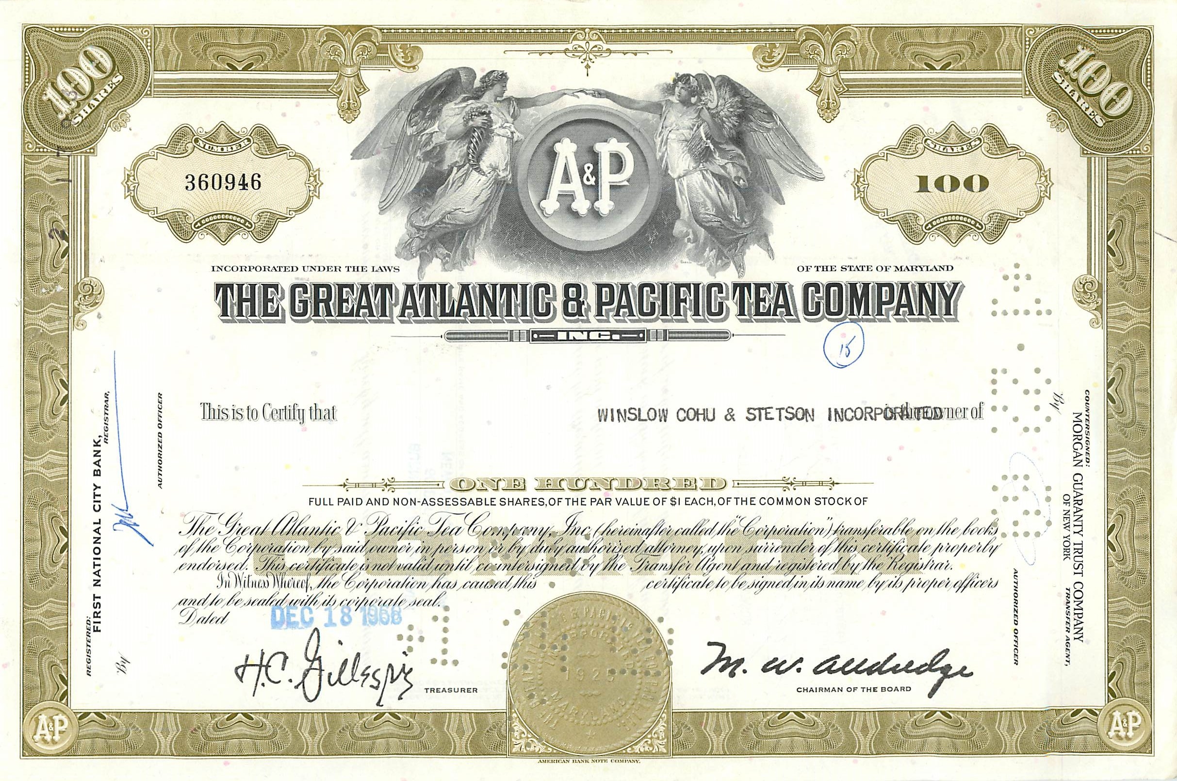 Certificado de acciones de la Great Atlantic & Pacific Tea Company — 100 acciones — editor Morgan Guaranty Trust Company