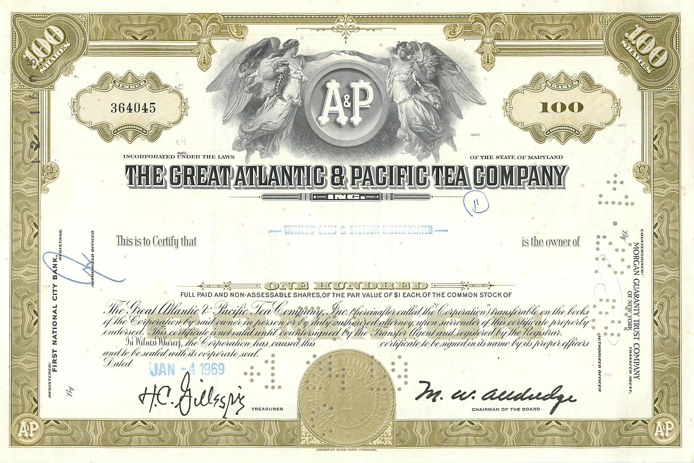 Certificat de 100 actions de la Great Atlantic & Pacific Tea Company — éditeur American Bank Note Company, n° 364045