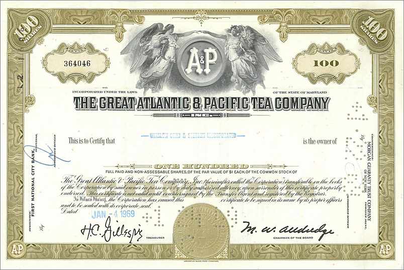 Certificato di 100 azioni della Great Atlantic & Pacific Tea Company — editore First National City Bank