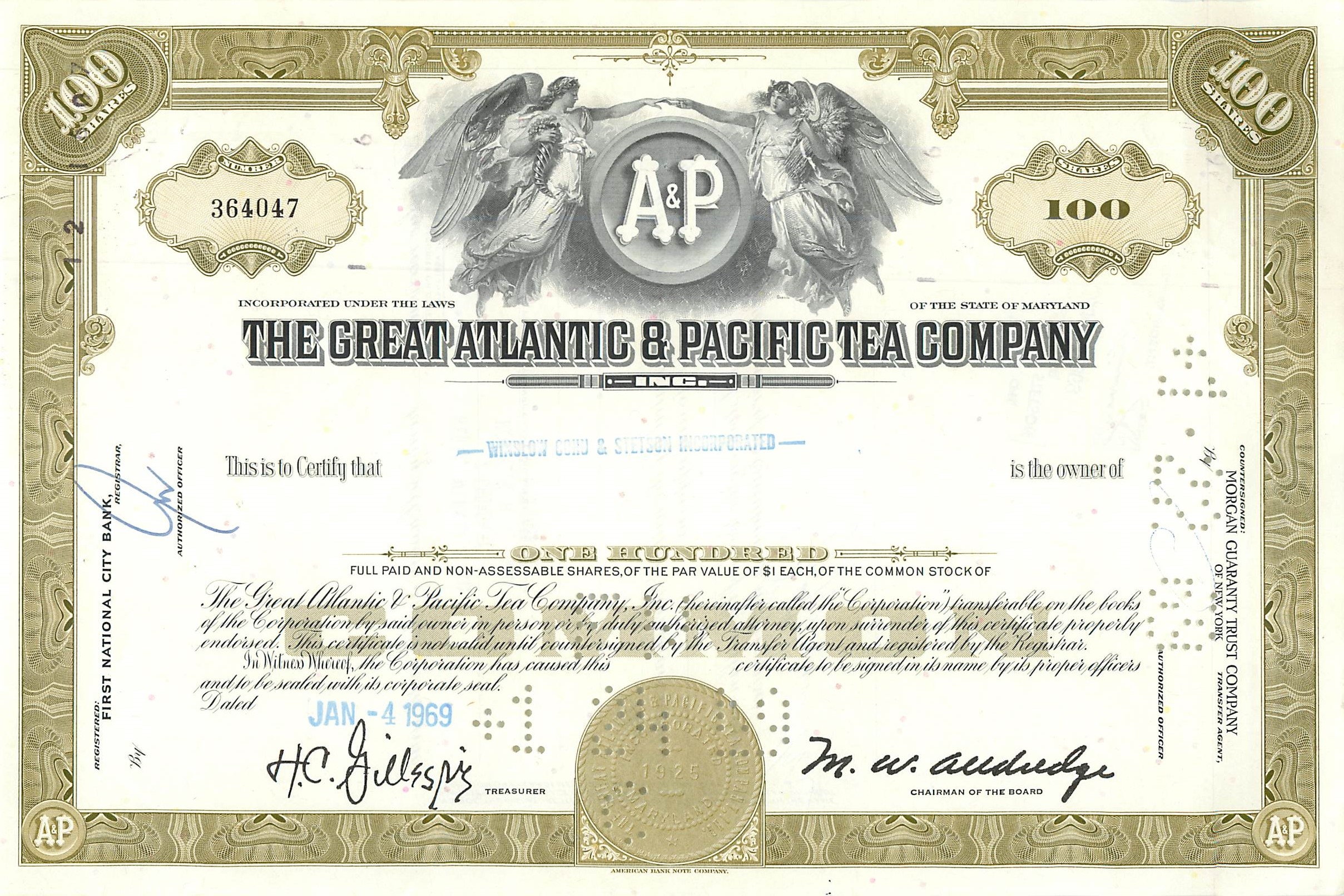 Certificaat van 100 aandelen van de Great Atlantic & Pacific Tea Company — uitgever Morgan Guaranty Trust Company