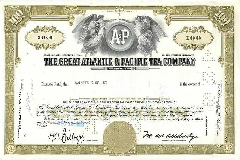 Action de la Great Atlantic & Pacific Tea Company — 100 actions — éditeur First National City Bank