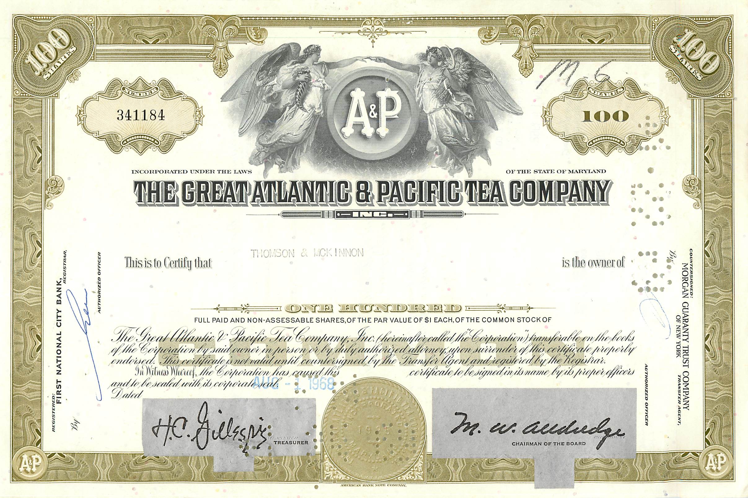 Action de la Great Atlantic & Pacific Tea Company — 100 actions — éditeur Morgan Guaranty Trust Company