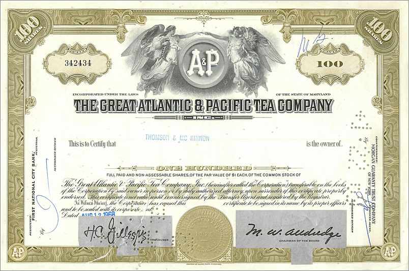 Certificat de 100 actions de la Great Atlantic & Pacific Tea Company — éditeur : First National City Bank