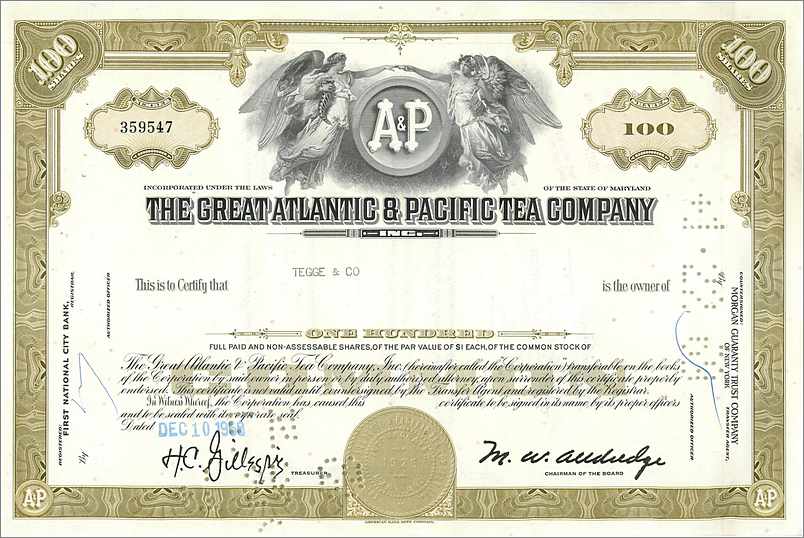 Action de la Great Atlantic & Pacific Tea Company — 100 actions — éditeur Morgan Guaranty Trust Co.