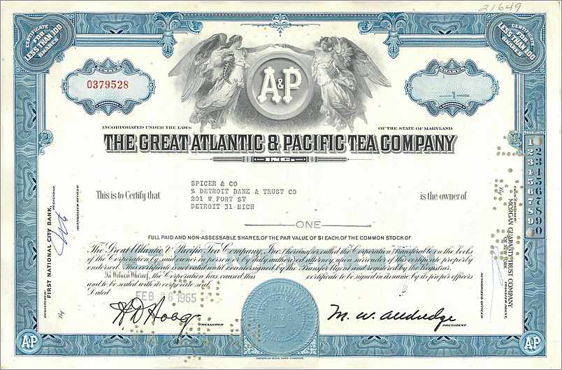 Certificado de la Great Atlantic & Pacific Tea Company — Spicer & Co, Detroit — n° 0379528