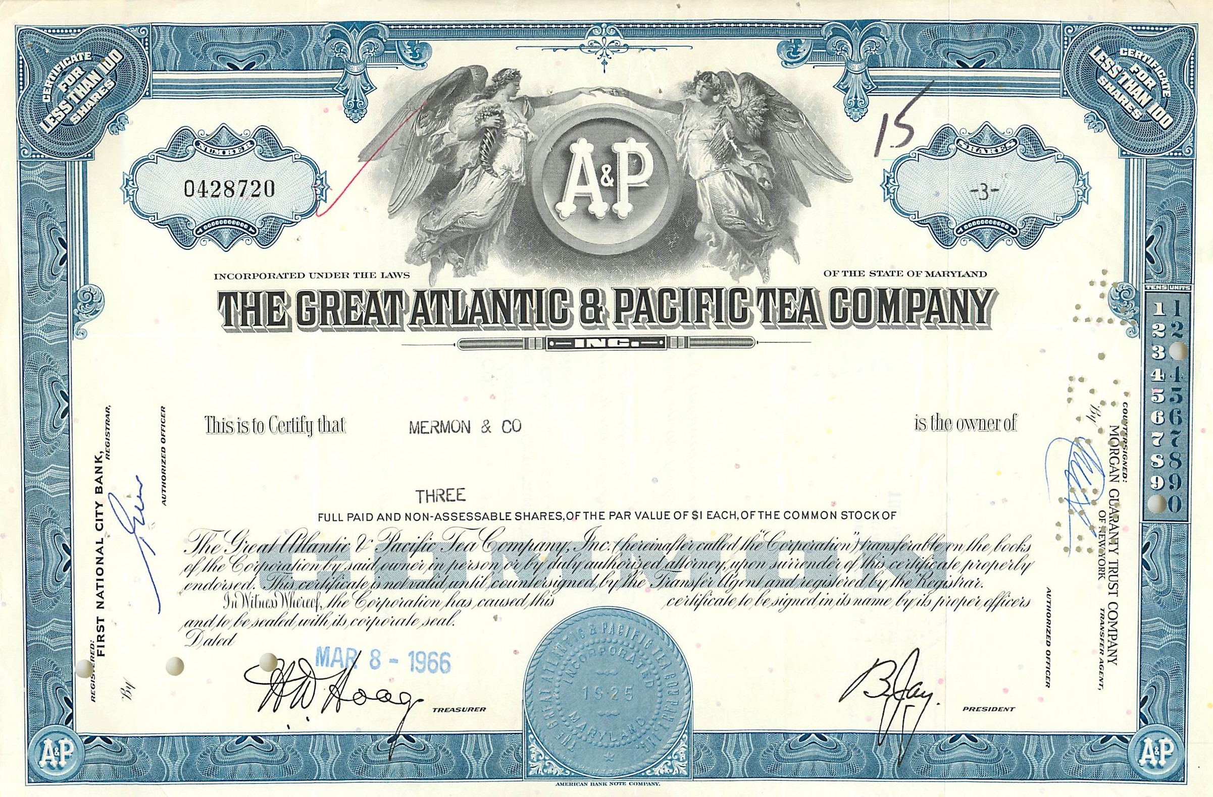 Certificat d'actions de la Great Atlantic & Pacific Tea Company — Mermon & Co — n° 0428720