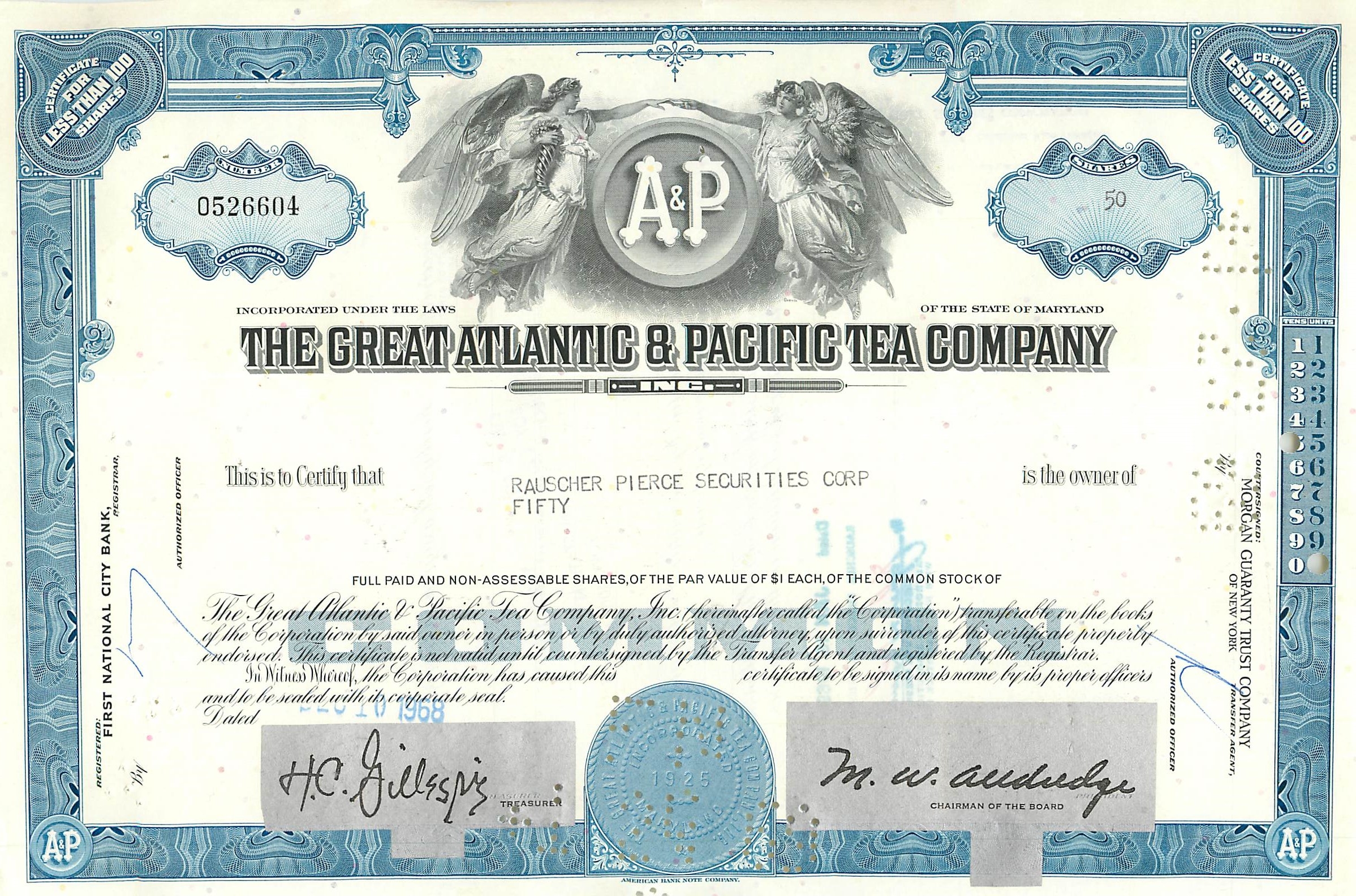 Certyfikat 50 akcji Great Atlantic & Pacific Tea Company — wydawca Morgan Guaranty Trust Company
