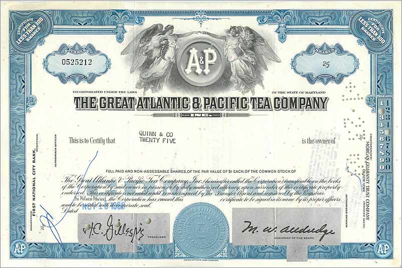 Certificat d'actions de la Great Atlantic & Pacific Tea Company — Quinn & Co — n° 0525212