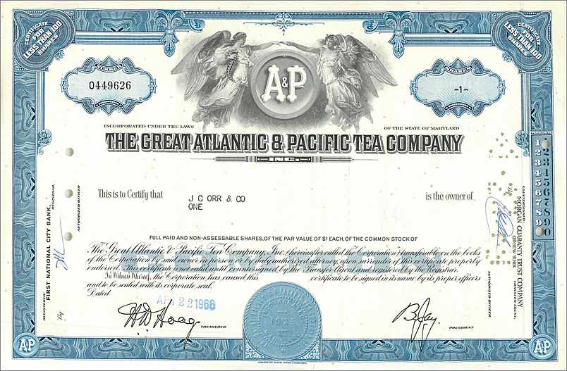 Certificado de acciones de la Great Atlantic & Pacific Tea Company — serie 0449626 — editor First National City Bank