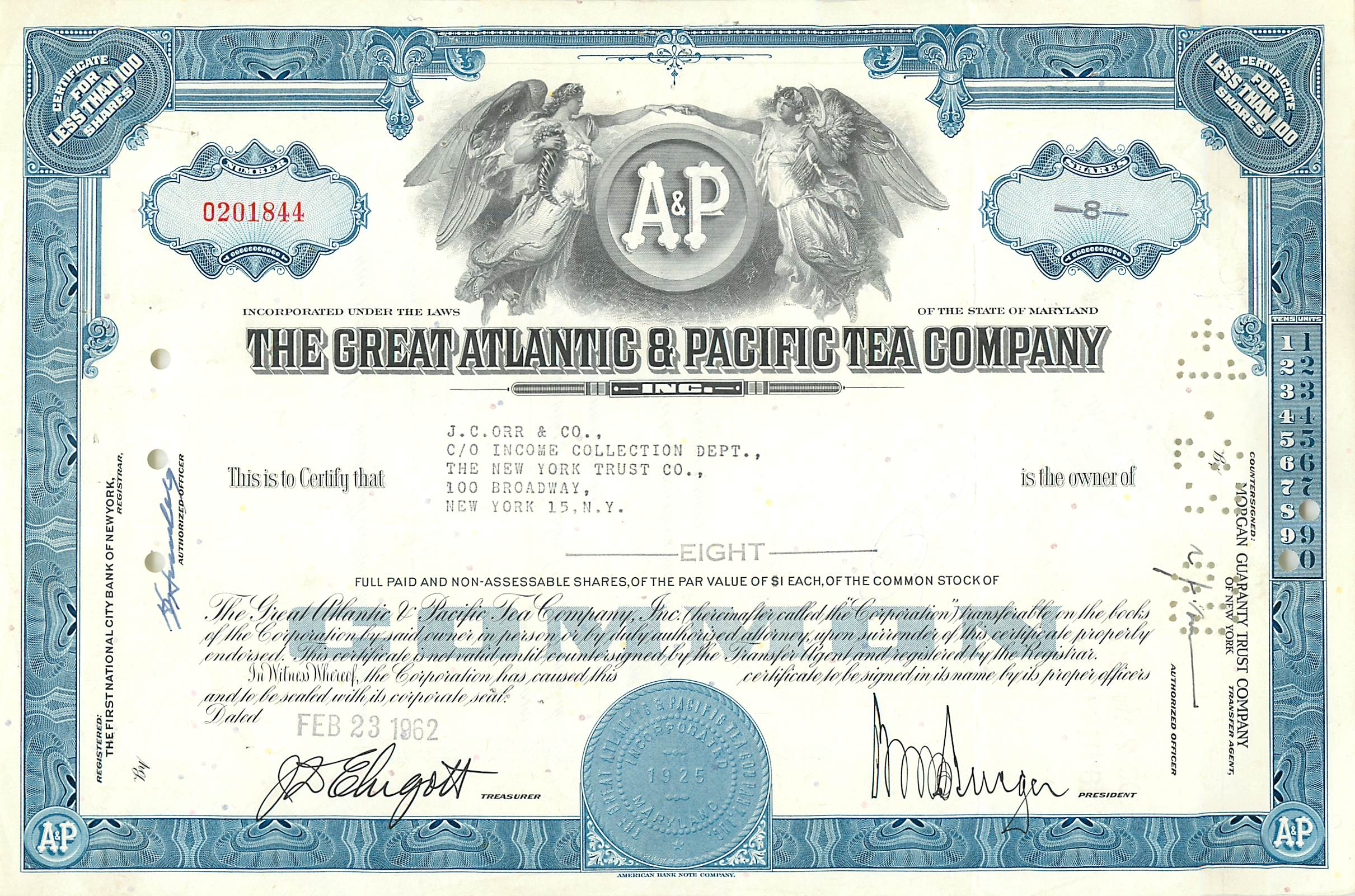 Action della Great Atlantic & Pacific Tea Company — certificato di 8 azioni — editore Morgan Guaranty Trust Company