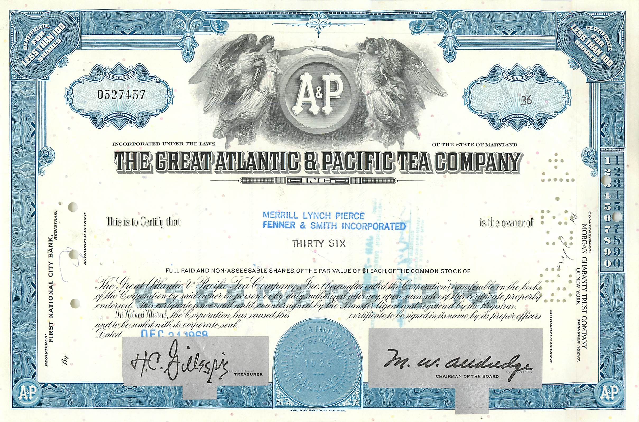 Certificado de acciones de la Great Atlantic & Pacific Tea Company — 36 acciones — editor Morgan Guaranty Trust Company