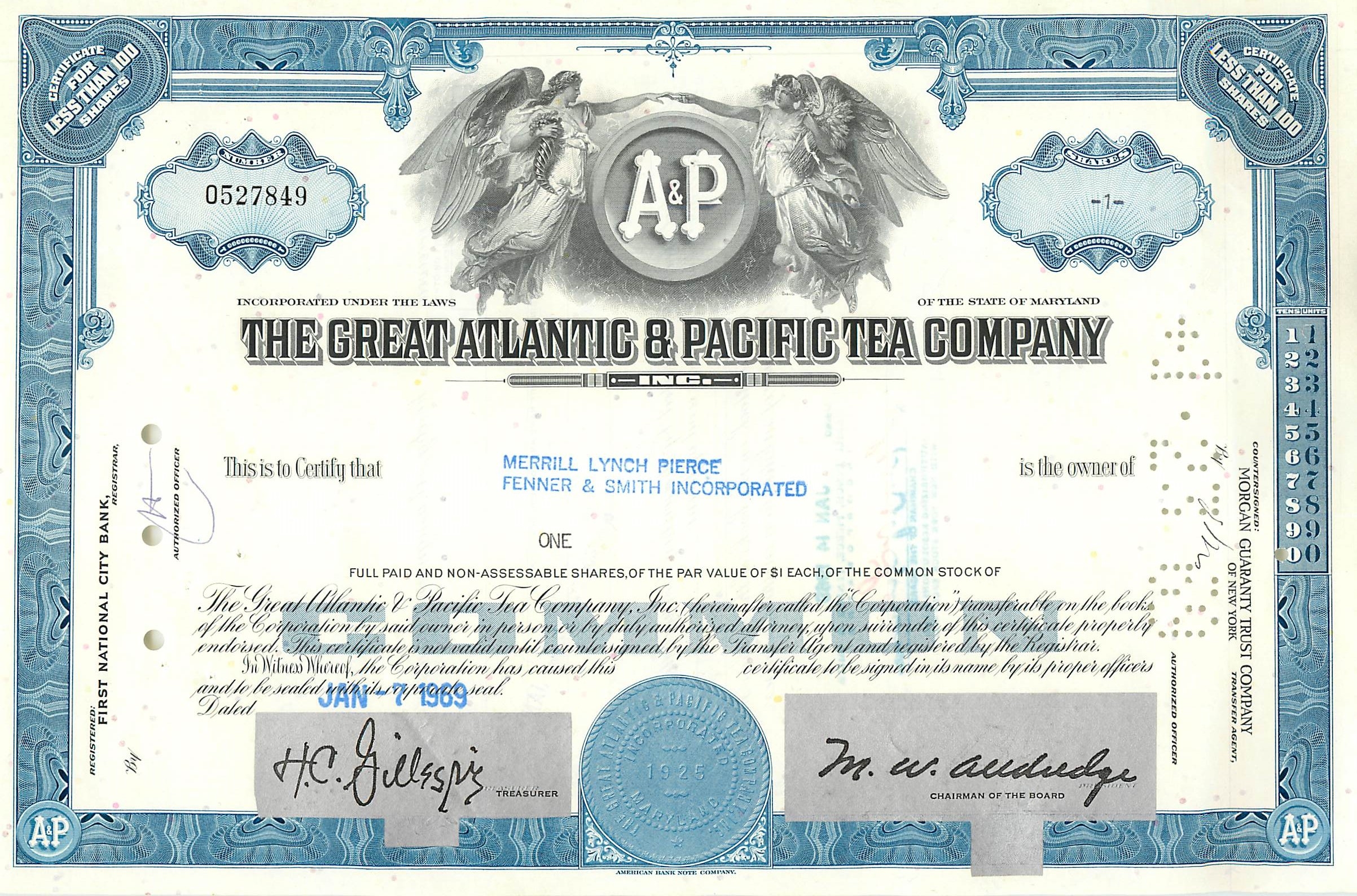 Certificat d'actions de la Great Atlantic & Pacific Tea Company — Merrill Lynch Pierce Fenner & Smith Incorporated