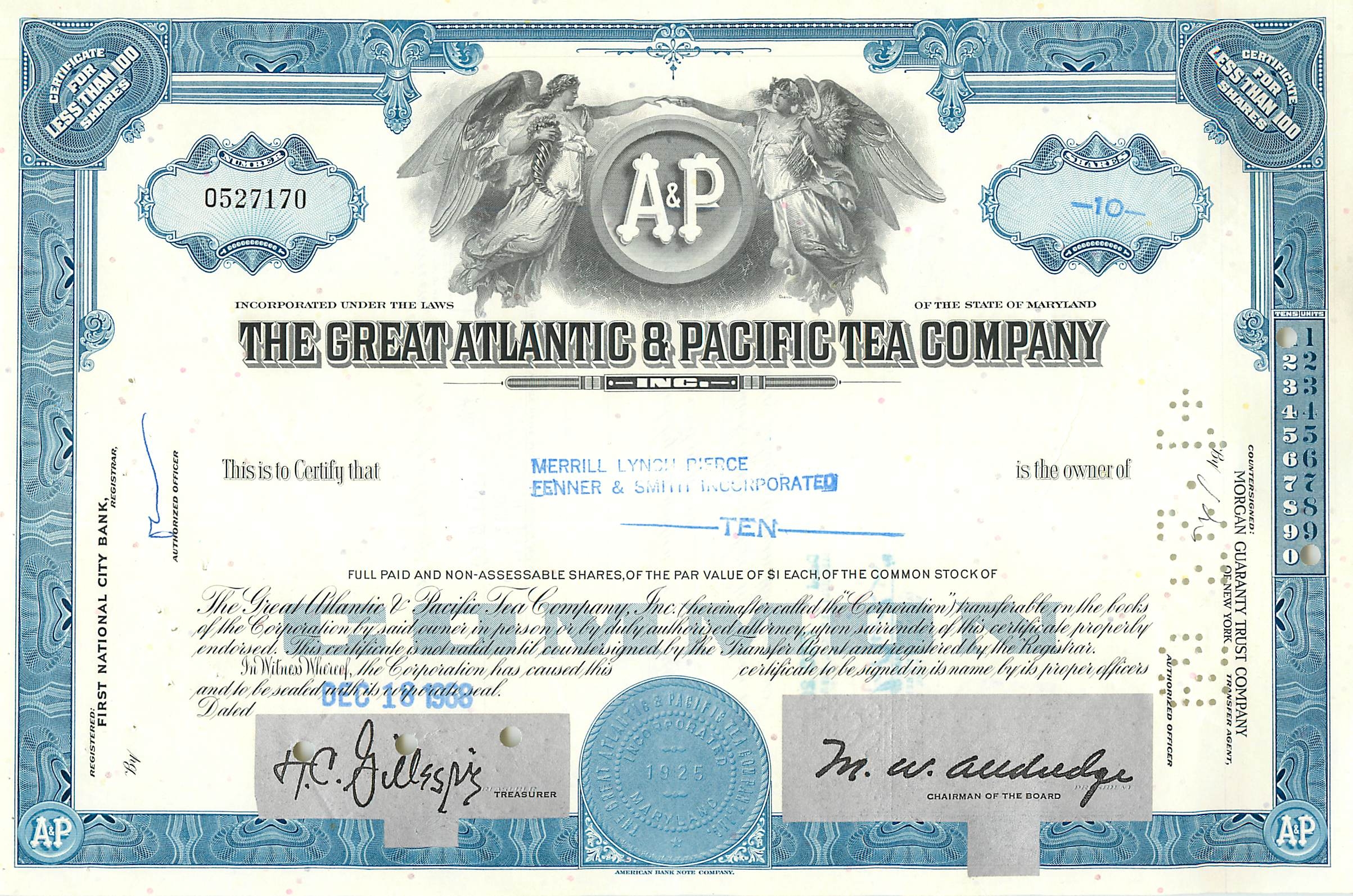 Zertifikat über Anteile der Great Atlantic & Pacific Tea Company — Merrill Lynch Pierce Fenner & Smith — n° 0527170