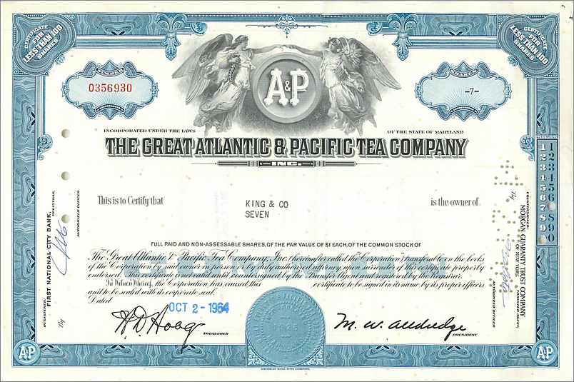 Certificat de parts de la Great Atlantic & Pacific Tea Company — éditeur First National City Bank