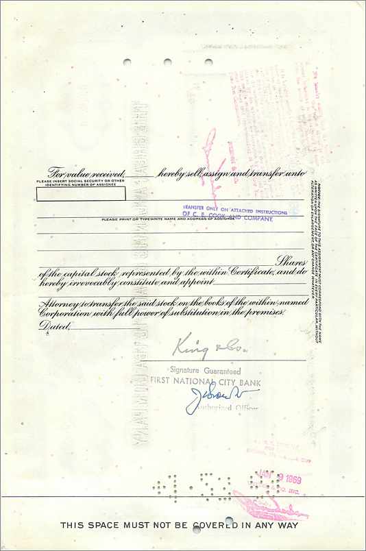 Certificat de parts de la Great Atlantic & Pacific Tea Company — éditeur First National City Bank — Rückseite