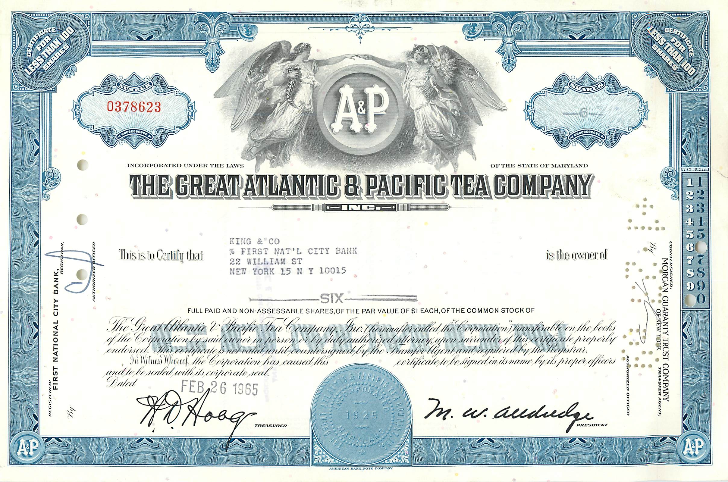 Certificat de parts de la Great Atlantic & Pacific Tea Company — éditeur First National City Bank, n° 0378623