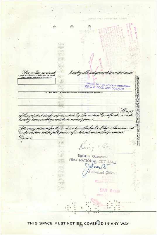 Certificat de parts de la Great Atlantic & Pacific Tea Company — éditeur First National City Bank, n° 0378623 — Rückseite