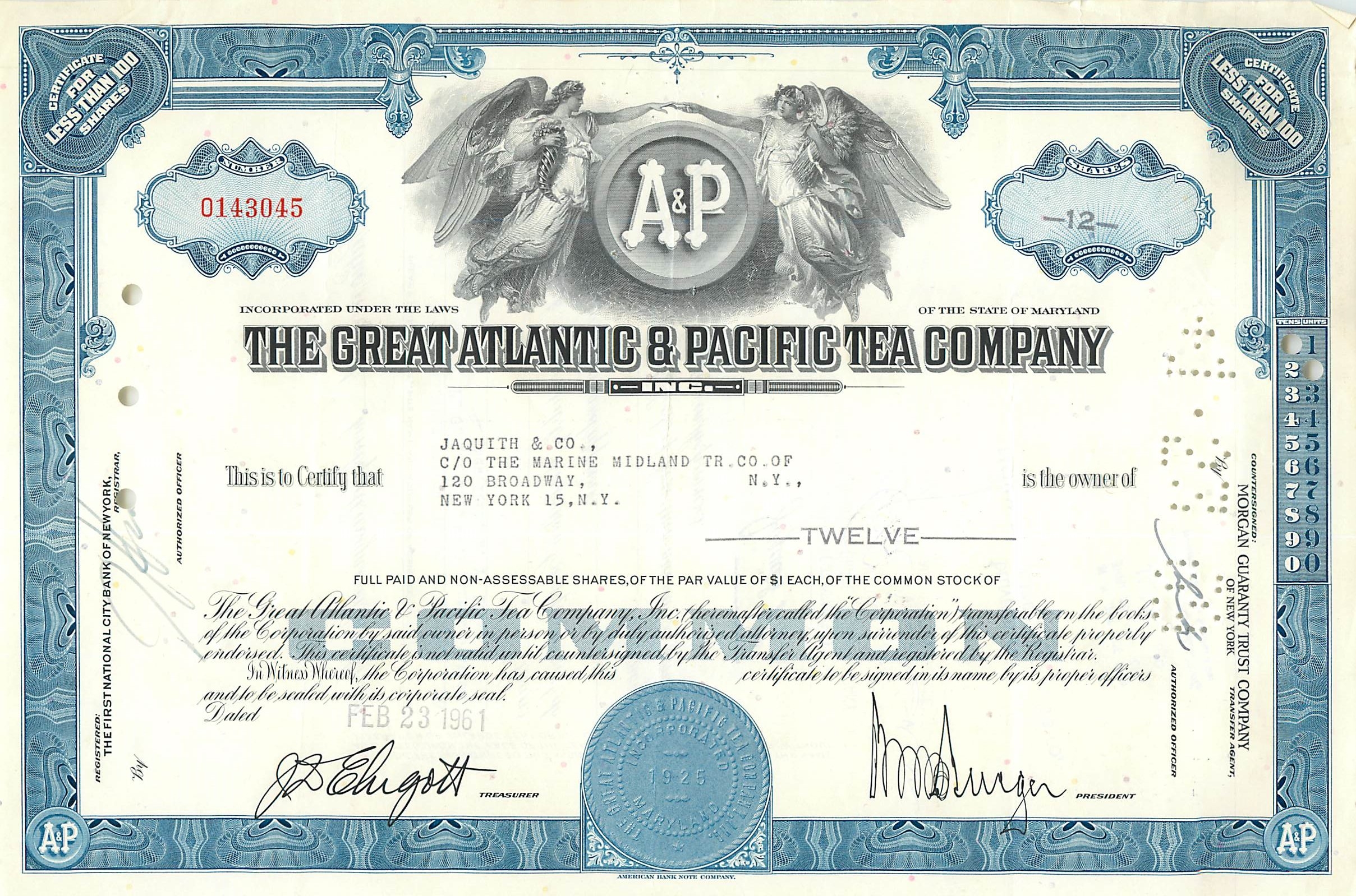 Certificat de parts de la Great Atlantic & Pacific Tea Company — éditeur American Bank Note Company, n° de série 0143045