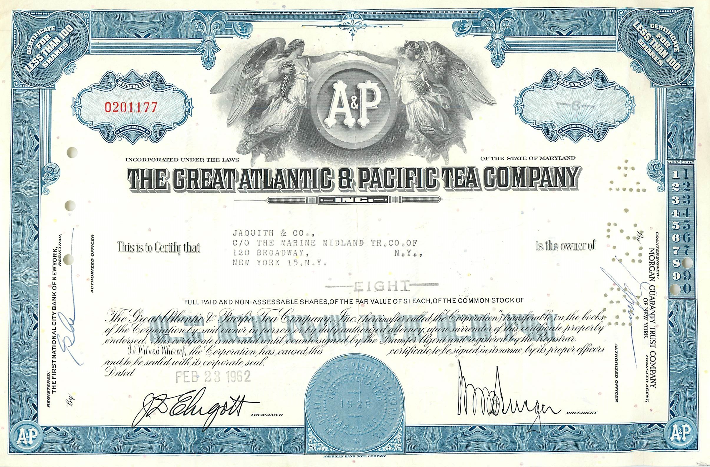 Aandelenbewijs van de Great Atlantic & Pacific Tea Company — serie 0201177