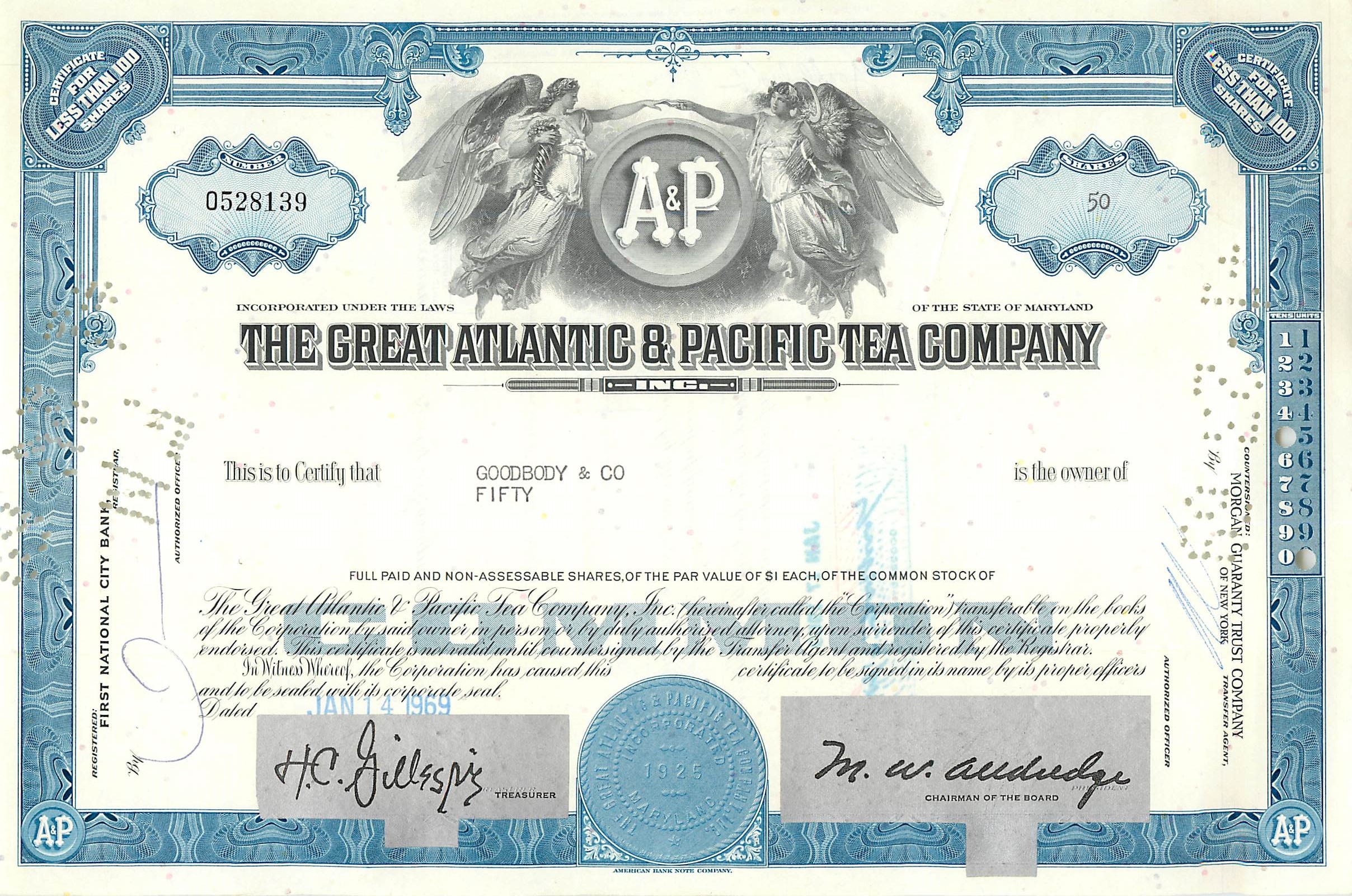 Działanie Great Atlantic & Pacific Tea Company — 50 akcji — wydawca Morgan Guaranty Trust Company