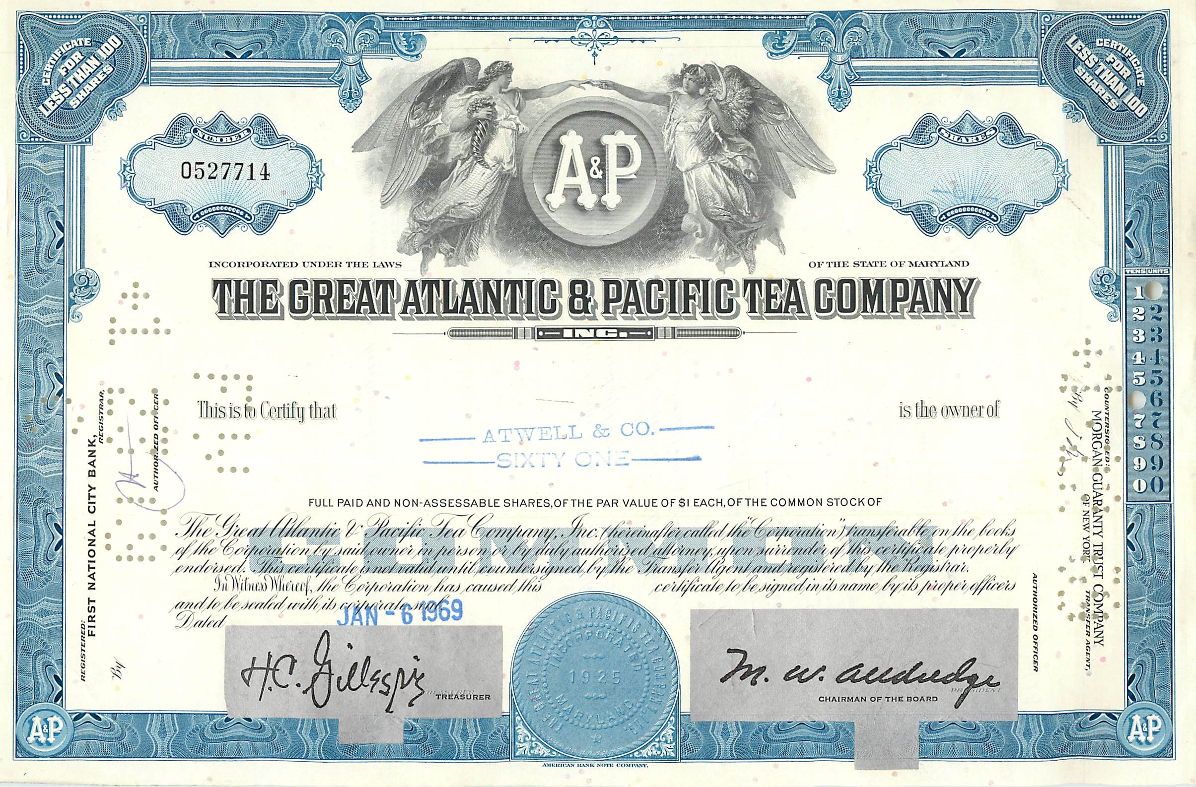 Certificat de parts de la Great Atlantic & Pacific Tea Company — ATWELL & CO. — n° 0527714