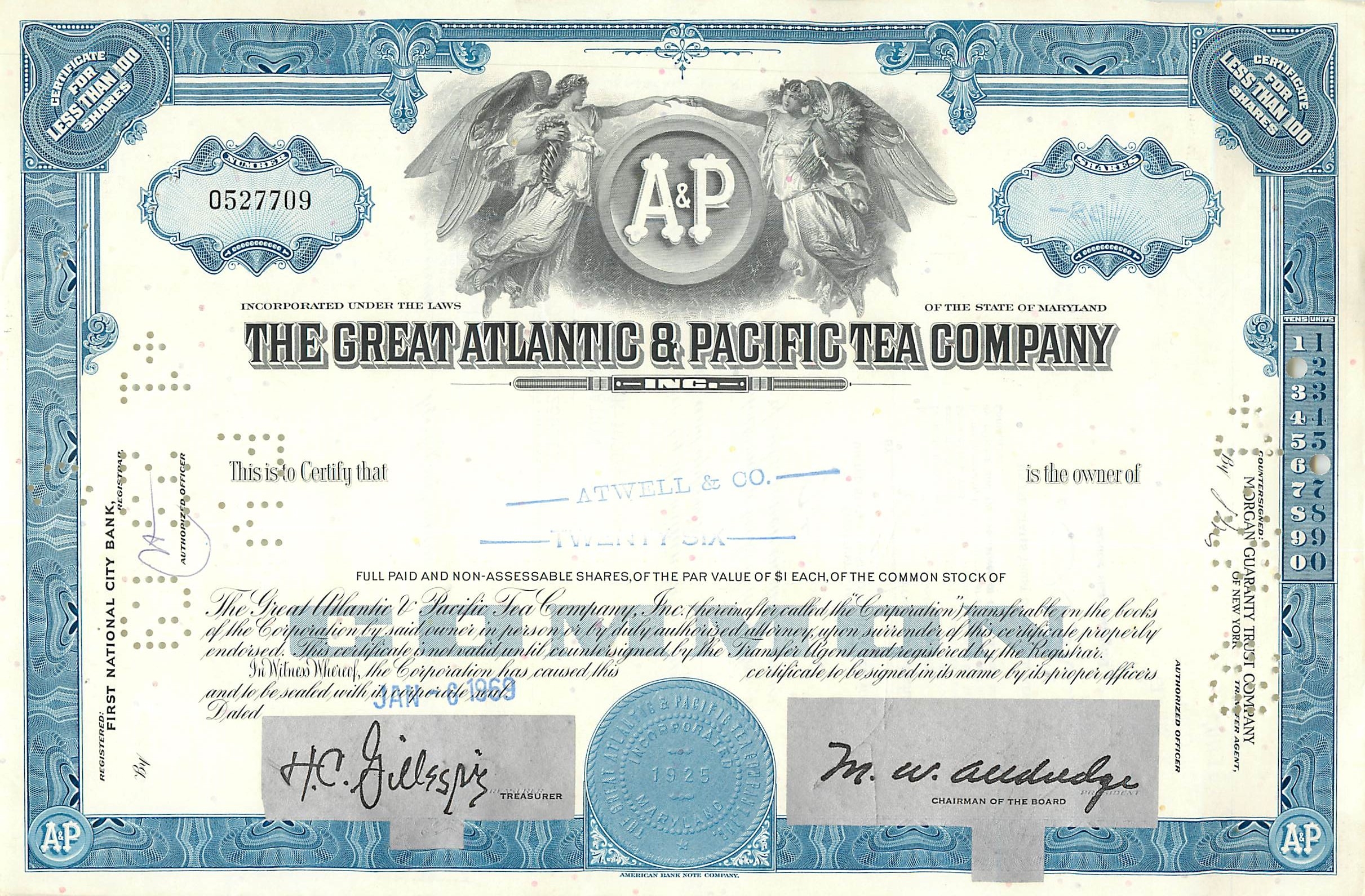 Aktienzertifikat der Great Atlantic & Pacific Tea Company — Verleger First National City Bank