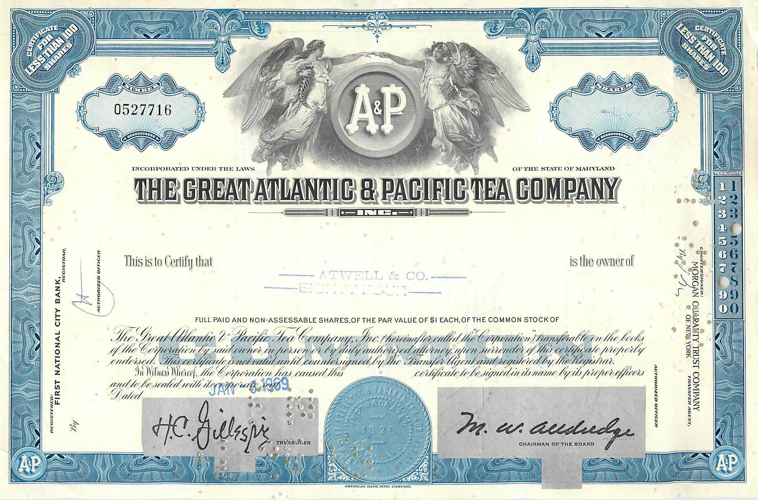 Acción de la Great Atlantic & Pacific Tea Company — certificado de 84 acciones — editor American Bank Note Company