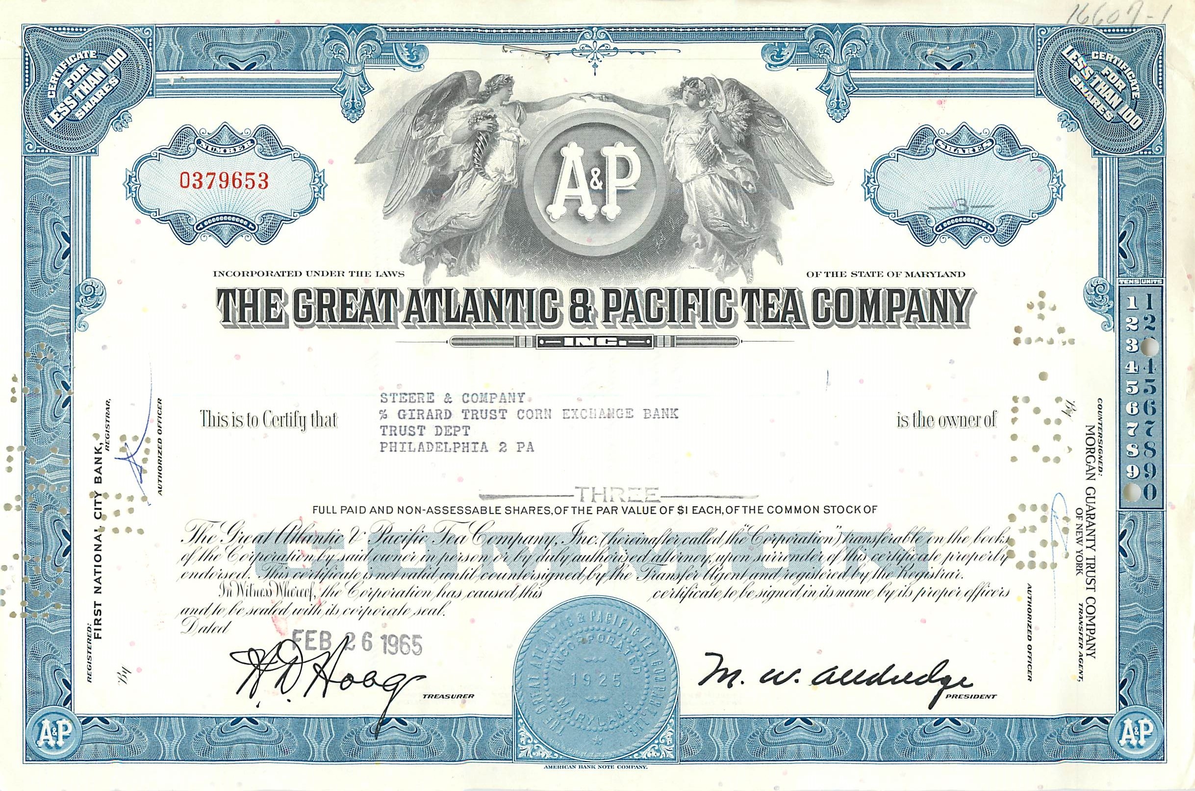 Acción de la Great Atlantic & Pacific Tea Company — certificado de 3 acciones — editor American Bank Note Company