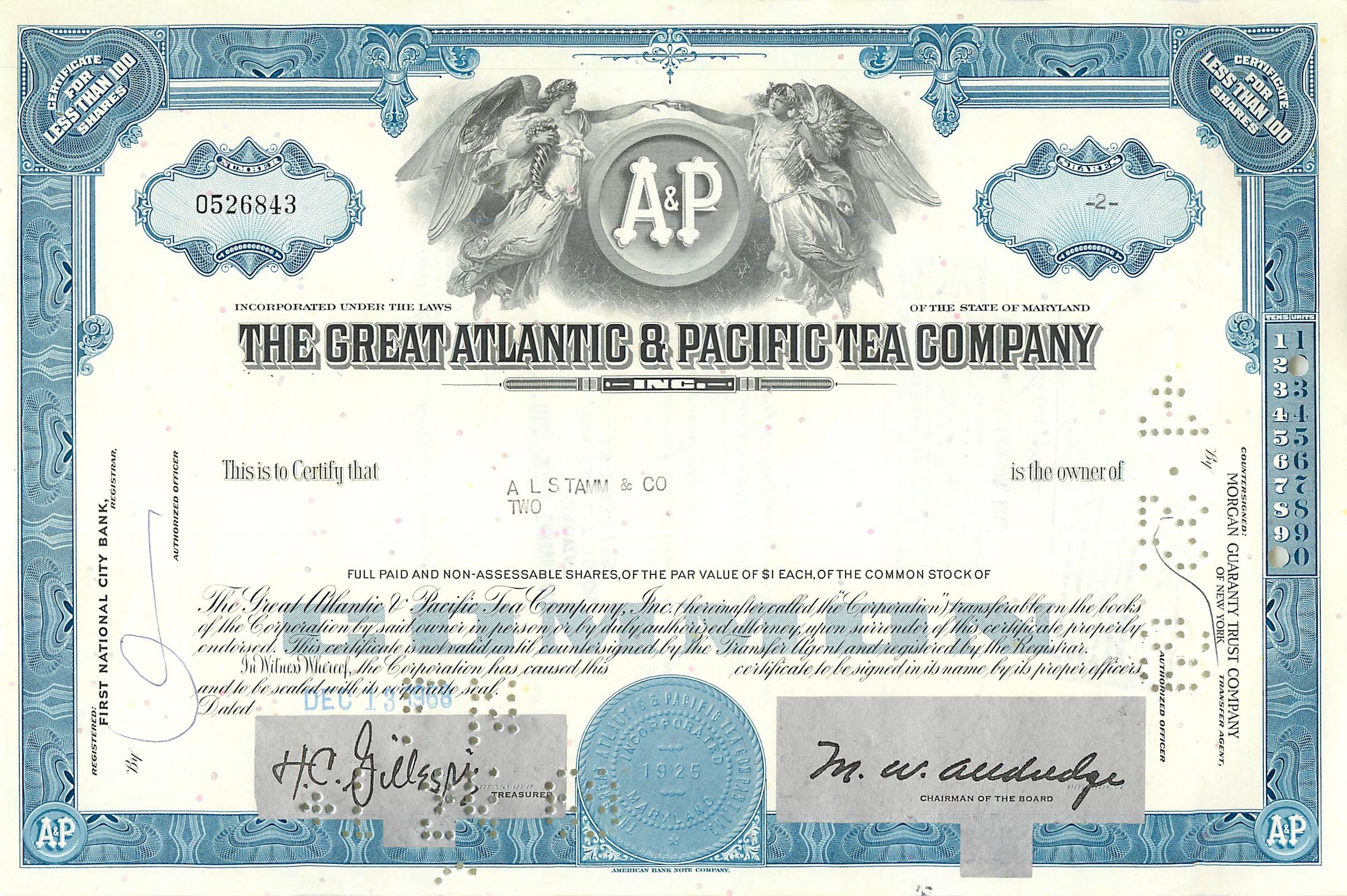 Action de la Great Atlantic & Pacific Tea Company — certificat de 2 actions — éditeur Morgan Guaranty Trust Company