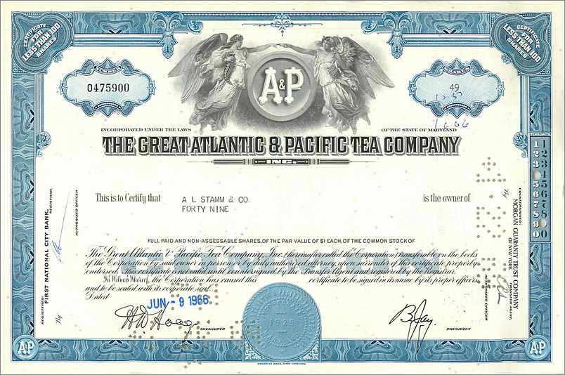 Certificat d'actions de la Great Atlantic & Pacific Tea Company — A L Stamm & Co — n° 0475900