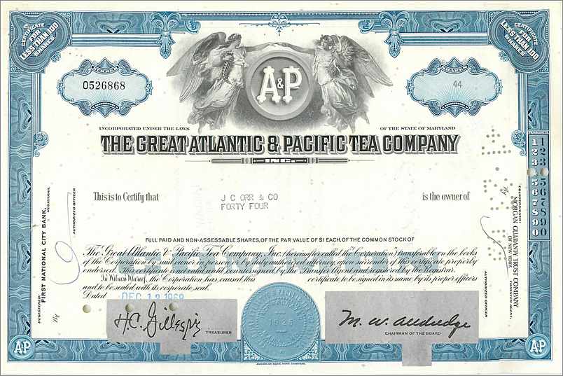 Certificat de la Great Atlantic & Pacific Tea Company — 44 actions — éditeur First National City Bank