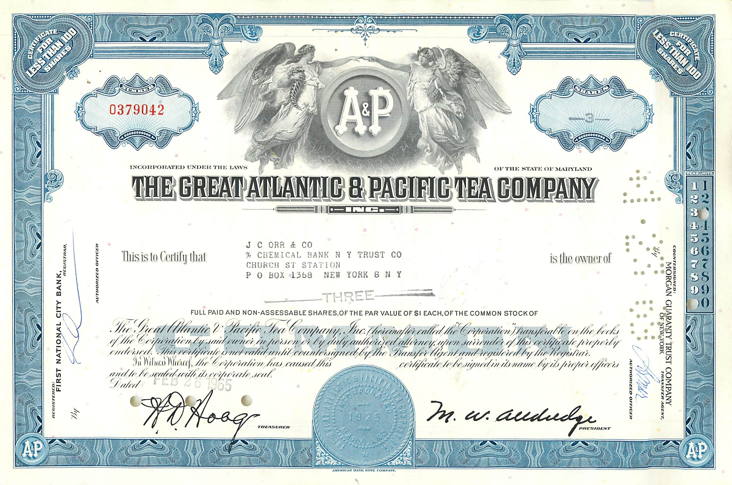 Aktienzertifikat der Great Atlantic & Pacific Tea Company — J.C. Orr & Co. — n° 0379042