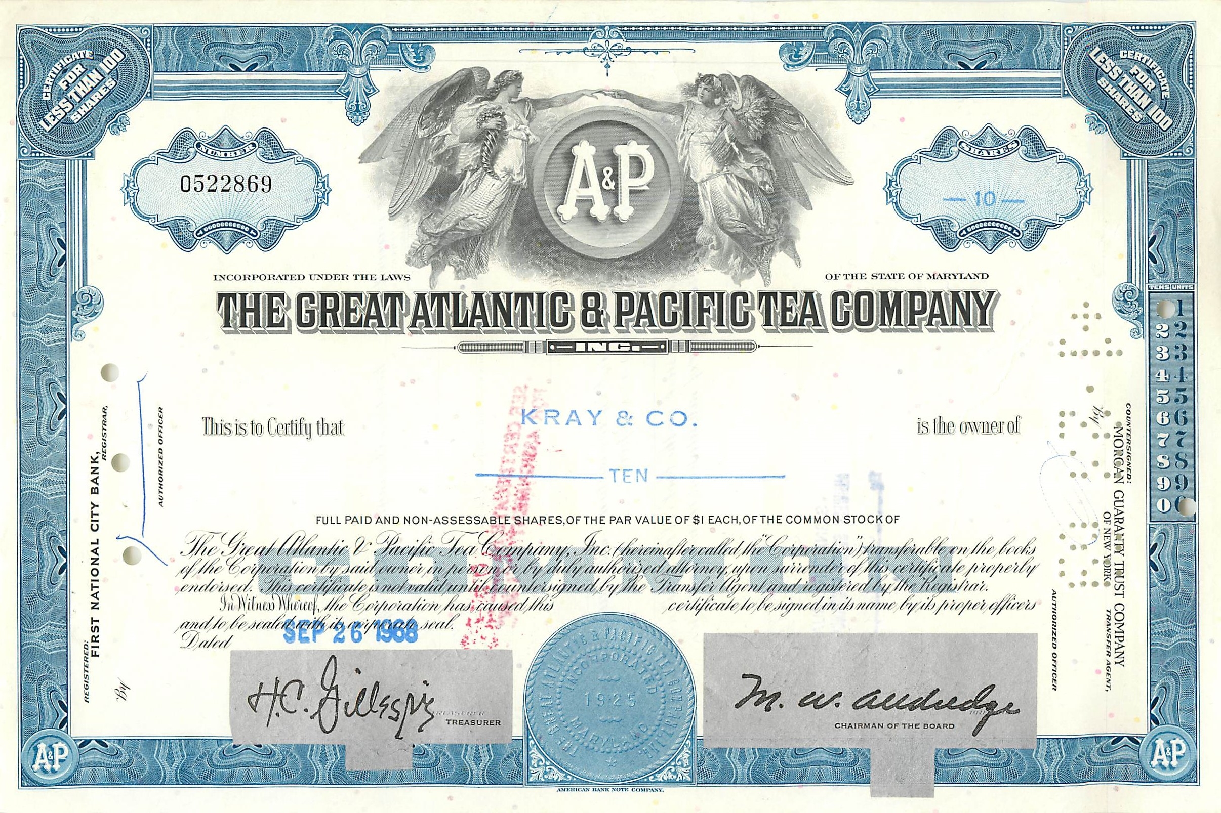 Certificat de 10 actions de la Great Atlantic & Pacific Tea Company — éditeur American Guaranty Trust Company