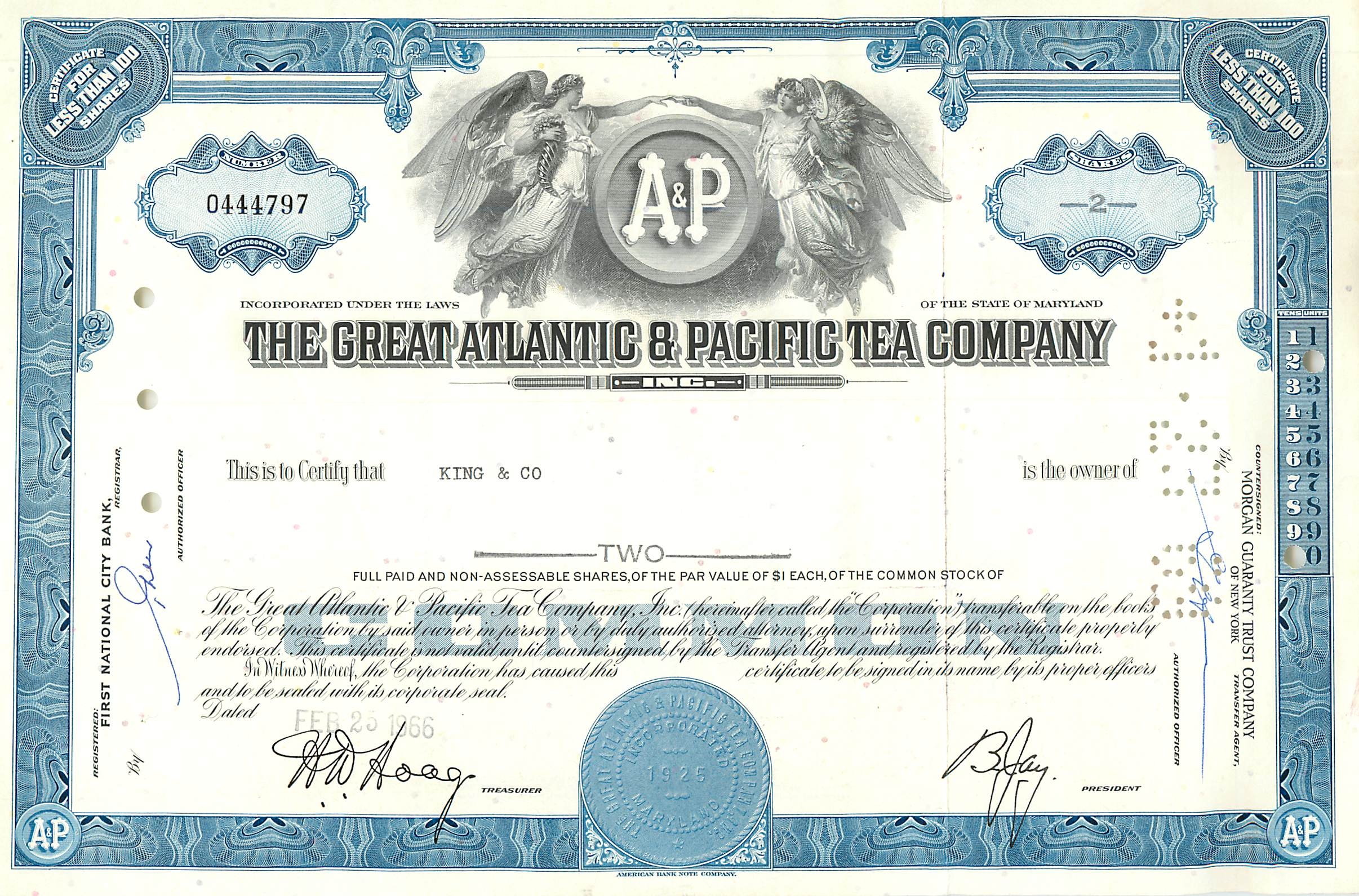Aandelenbewijs van de Great Atlantic & Pacific Tea Company — King & Co — n° 0444797