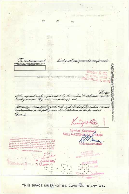 Aandelenbewijs van de Great Atlantic & Pacific Tea Company — King & Co — n° 0444797 — Achterkant