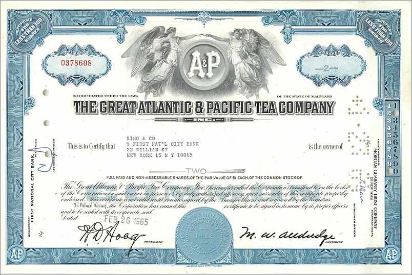 Action de la Great Atlantic & Pacific Tea Company — certificat de deux actions — First National City Bank