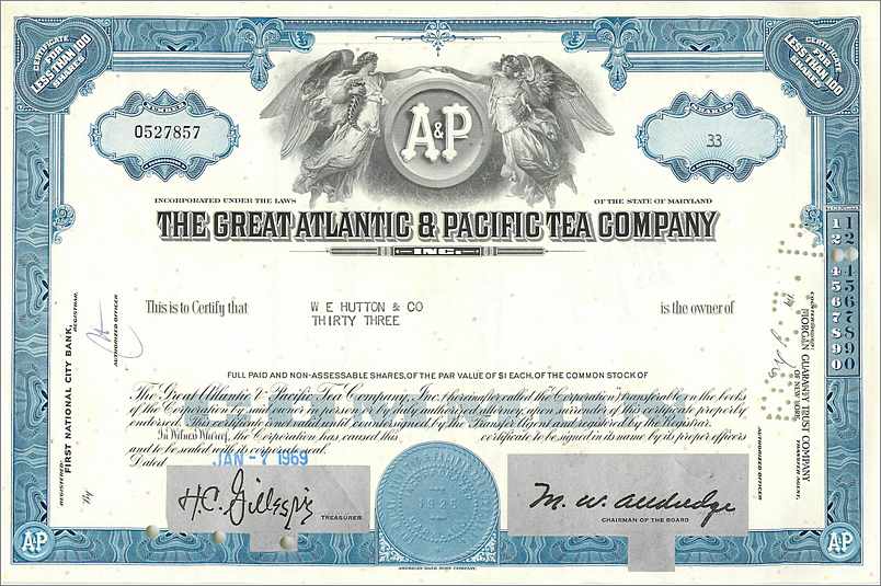 Action de la Great Atlantic & Pacific Tea Company — W. E. Hutton & Co — n° 0527857