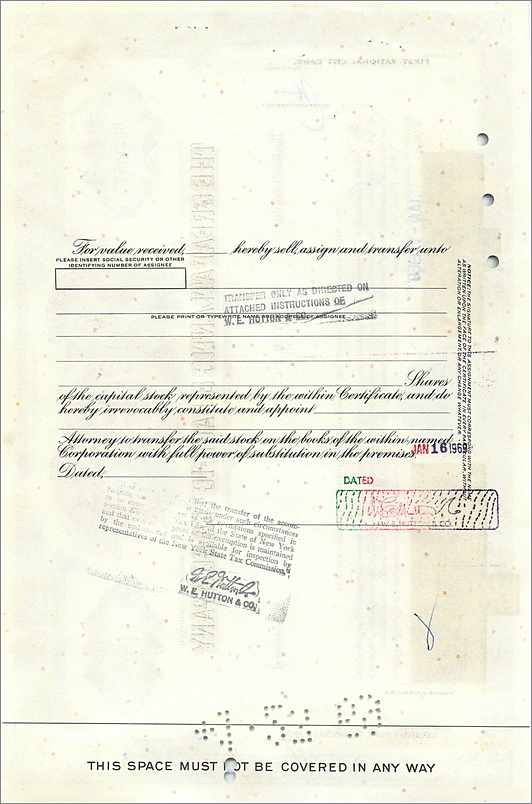 Action de la Great Atlantic & Pacific Tea Company — W. E. Hutton & Co — n° 0527857 — Verso