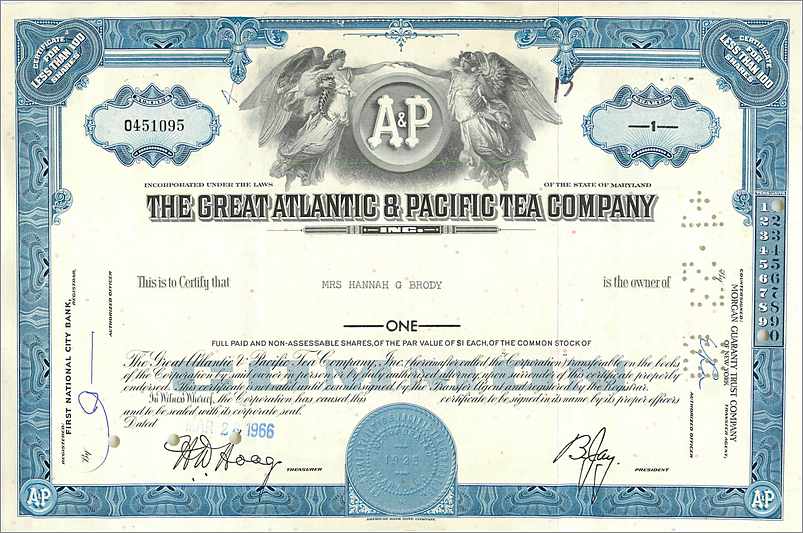 Action de la Great Atlantic & Pacific Tea Company — Mrs Hannah G Brody — n° 0451095