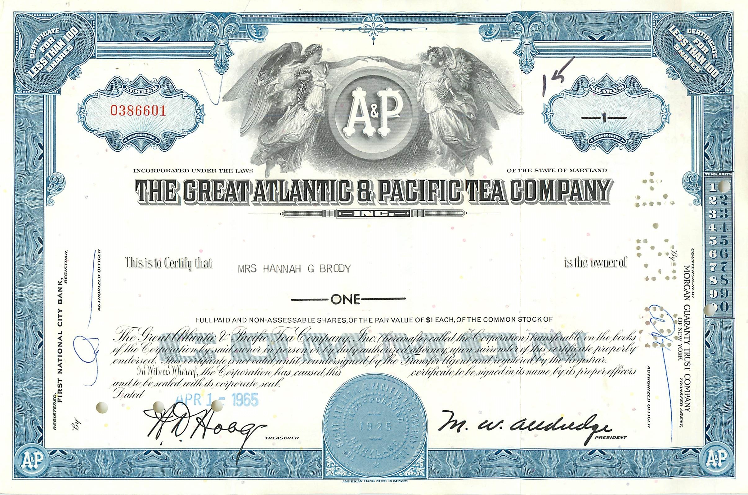 Azione della Great Atlantic & Pacific Tea Company — certificato di 1 azione — editore A&P, n° 0386601