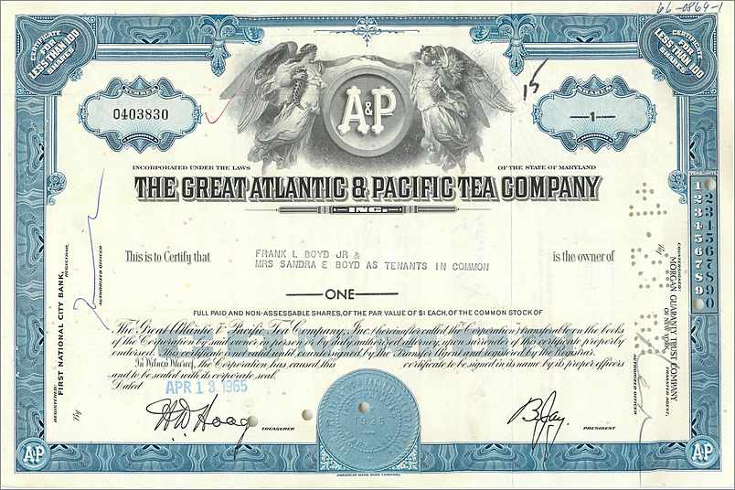 Aktie der Great Atlantic & Pacific Tea Company — Frank L. Boyd Jr. & Frau Sandra E. Boyd — 1 Aktie — datiert 1939